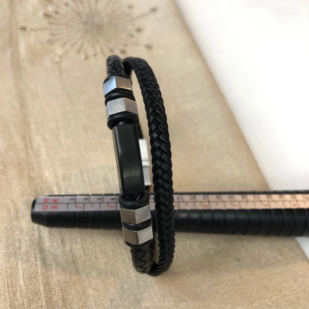 Mens Double-Row Braided Leather Bracelet Bangle Wristband Trendy